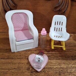 Vintage Doll Nursery Furniture & Baby Bottle Lot – Mattel 1983 Chair, Evenflo...